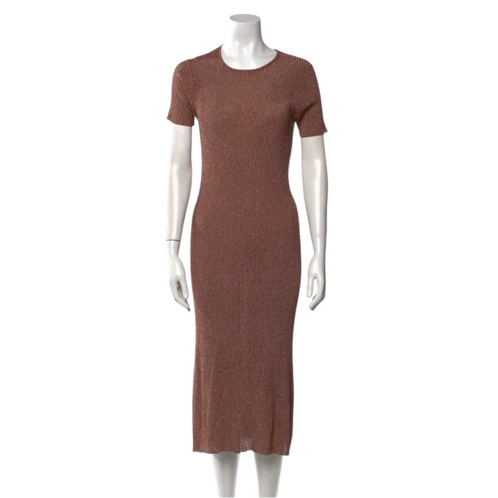 Tibi crew neck midi brown short sleeved ribbed knit sweater dress medium